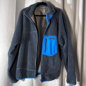 Patagonia Blue and Gray Deep Pile Fleece Jacket Classic Retro-X size XL